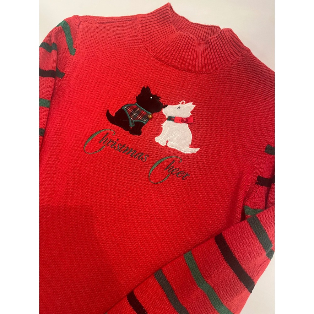Merry & Bright Christmas Cheer Scottie Dog Striped Sleeve Sweater Red PM Petites